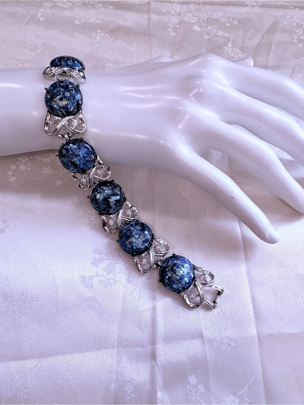 Vintage Cora Blue Confetti Glass Cabochon Bracelet - Women Jewelry